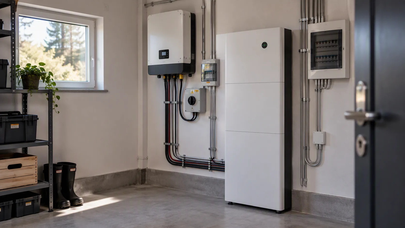 Golvstående solcellsbatteri för batterilagring bredvid växelriktare och elcentral i ett ljust teknikrum