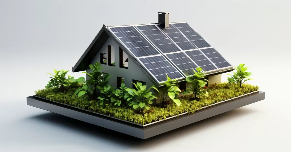 Modell av ett hus med solpaneler på sadeltaket, omgivet av gröna växter på en fyrkantig sockel.