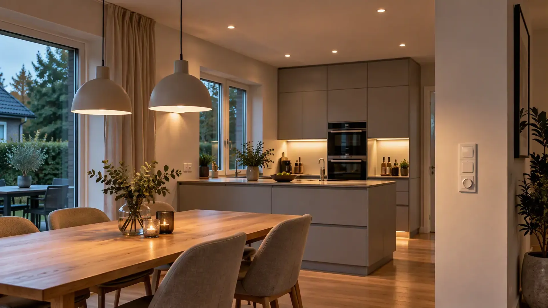 Varmt belyst kök och matplats med pendellampor över matbordet, infällda spotlights och LED-belysning under köksskåpen