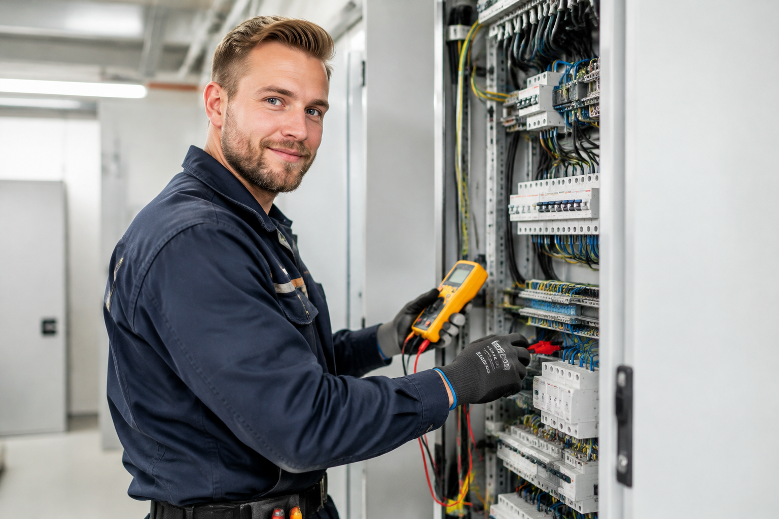 Kontakt Elektriker som mäter i en modern elcentral