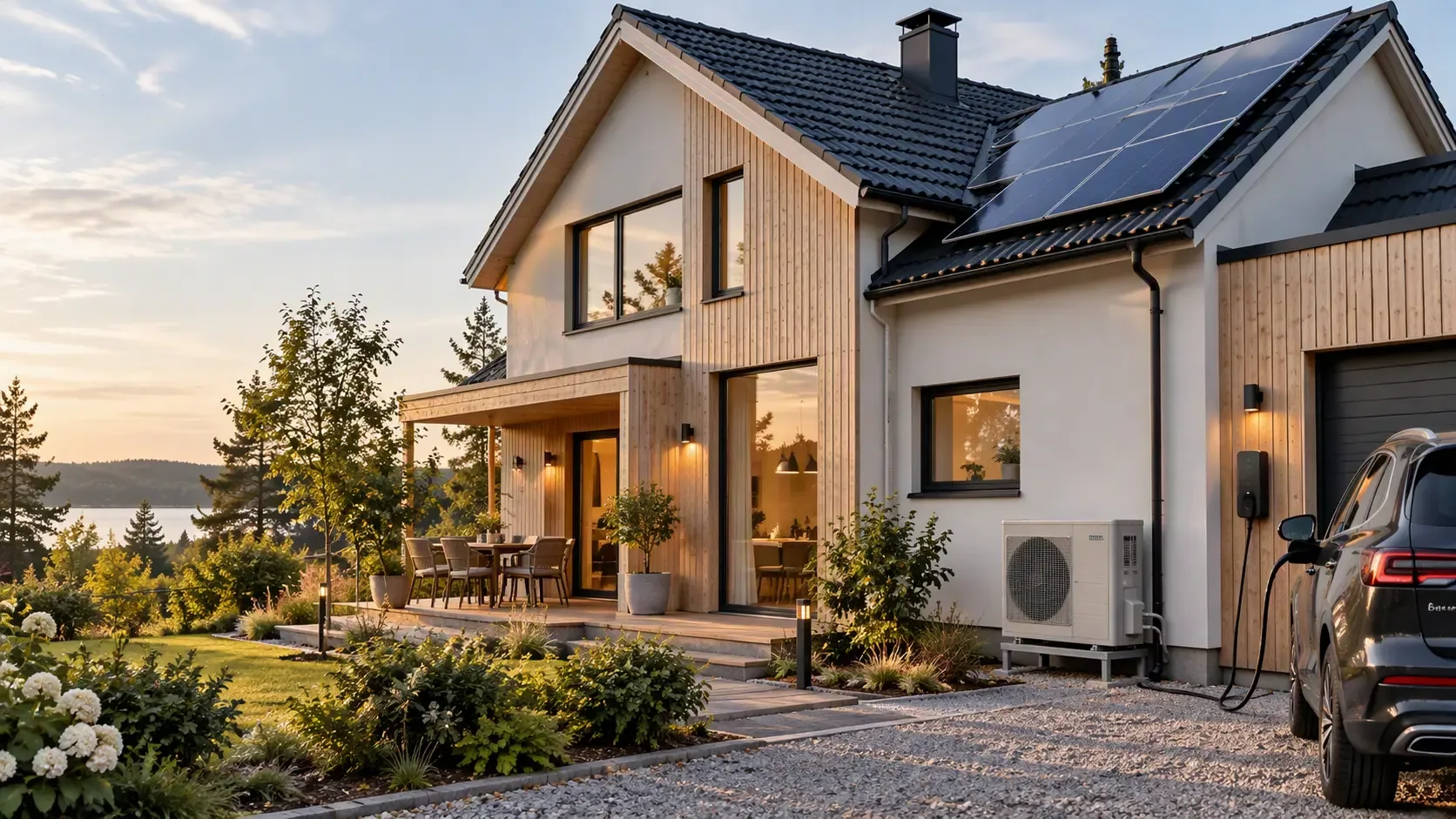 Modern villa i kvällssol med solceller på taket, luft-vattenvärmepump, laddbox som laddar en elbil och varm utomhusbelysning – energilösningar från elfirman Starks EL i Kristianstad