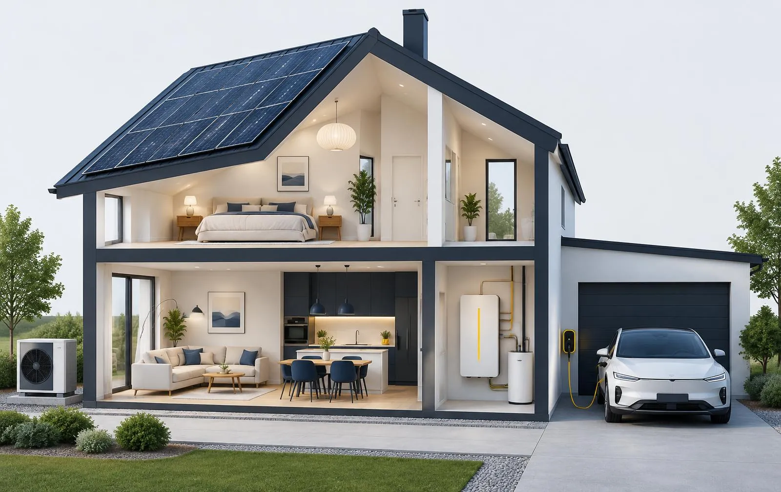 Genomskuret modernt hus med solceller, batteri, laddbox och värmepump