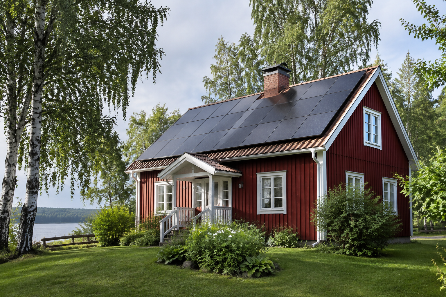 Villa med solceller på taket i nordiskt landskap