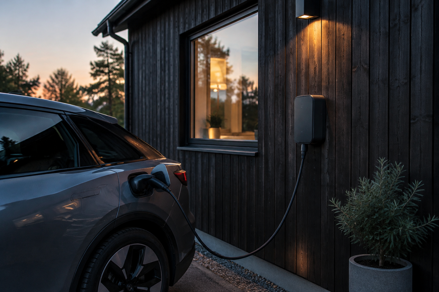 Laddbox – frågor och svar Elbil som laddas vid en väggmonterad laddbox på ett hus med mörk träpanel