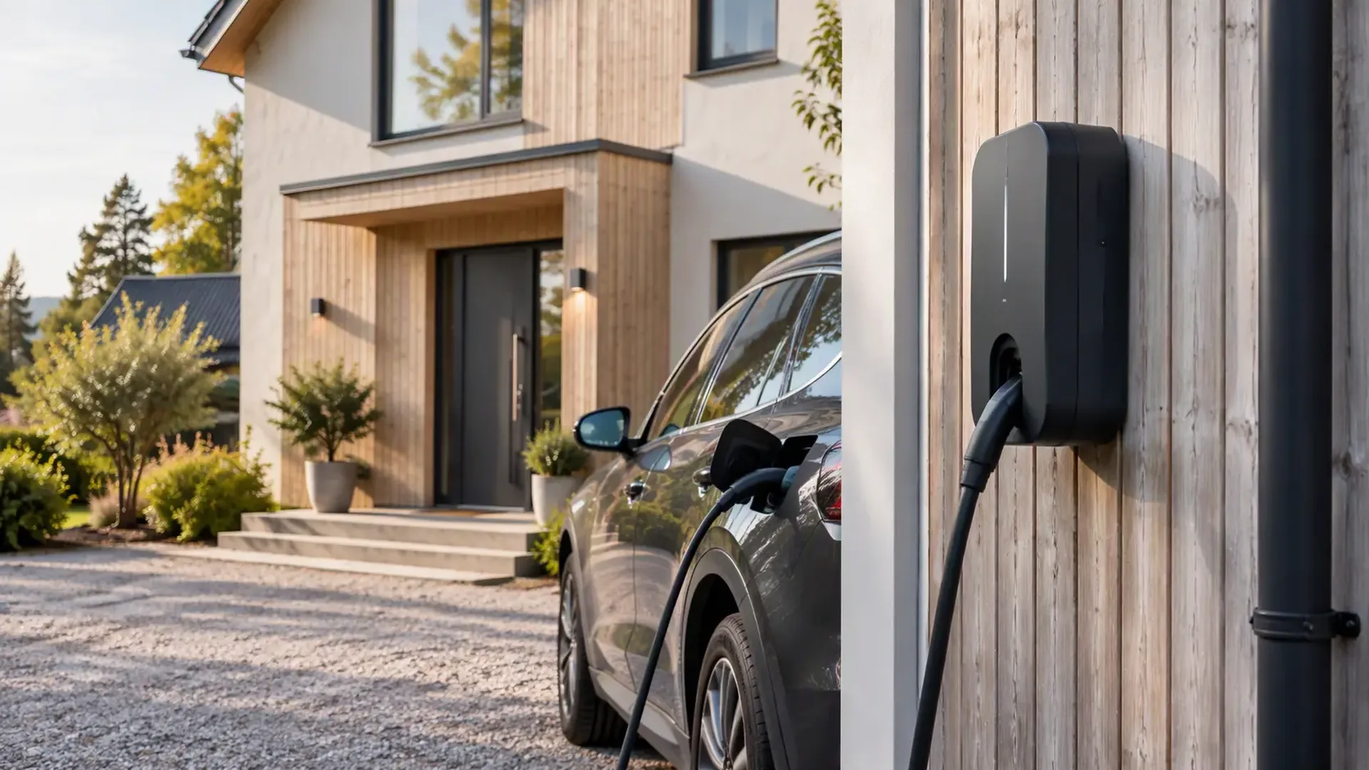 Väggmonterad laddbox på träfasad som laddar en elbil på uppfarten framför ett modernt hus