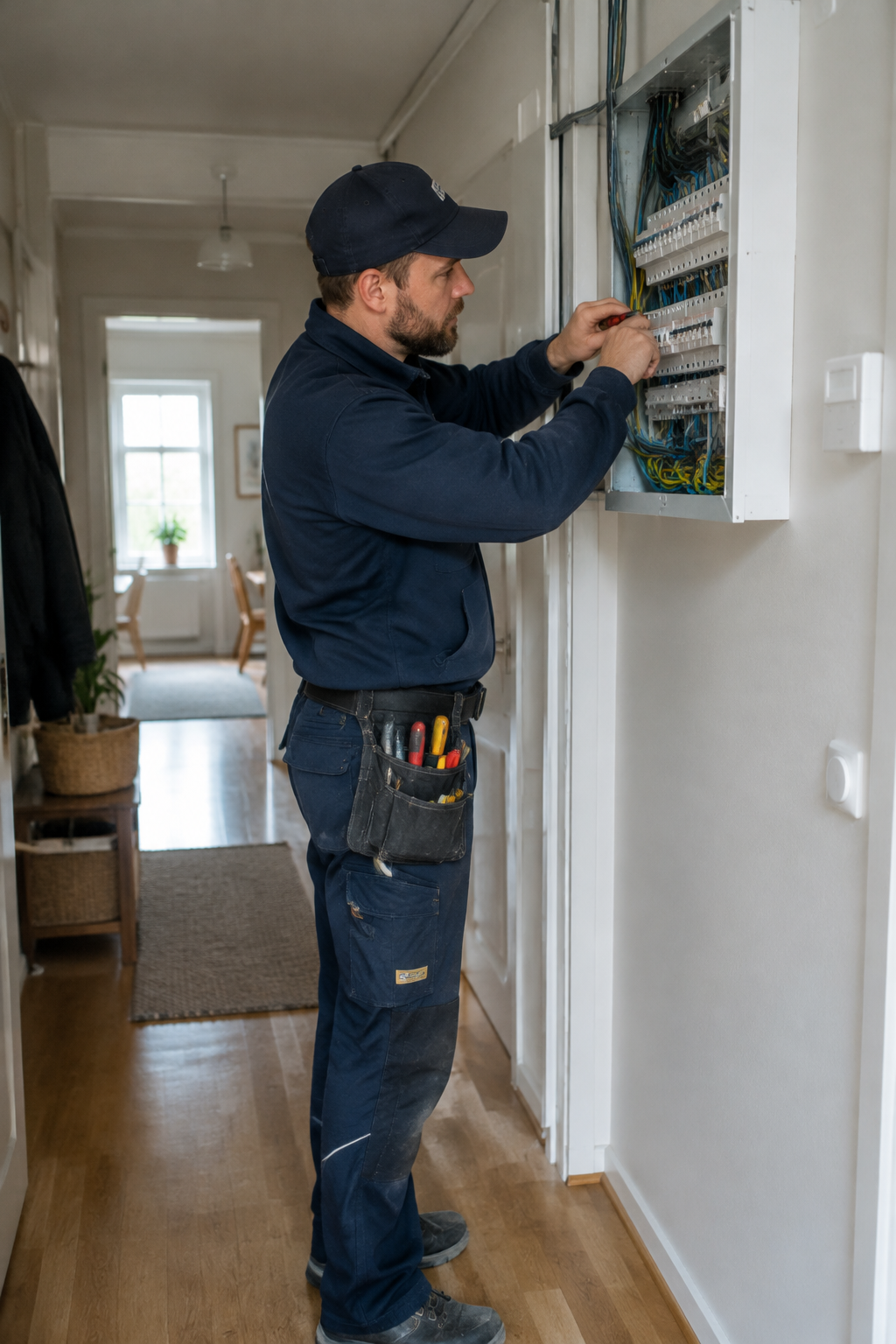 Elektriker som arbetar med en elcentral i en bostad
