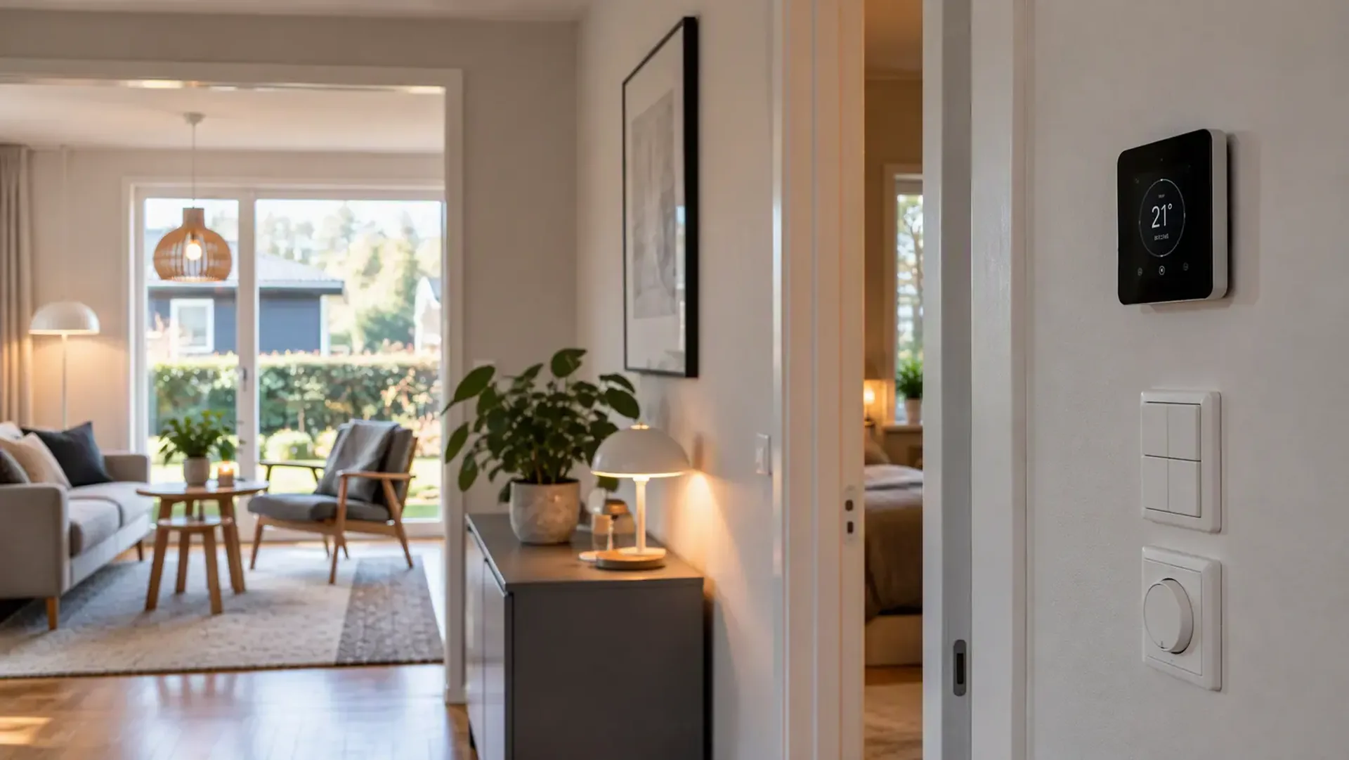 Smart hem-styrning med väggmonterad pekskärm, smarta strömbrytare och dimmer i hallen i ett ljust modernt hem
