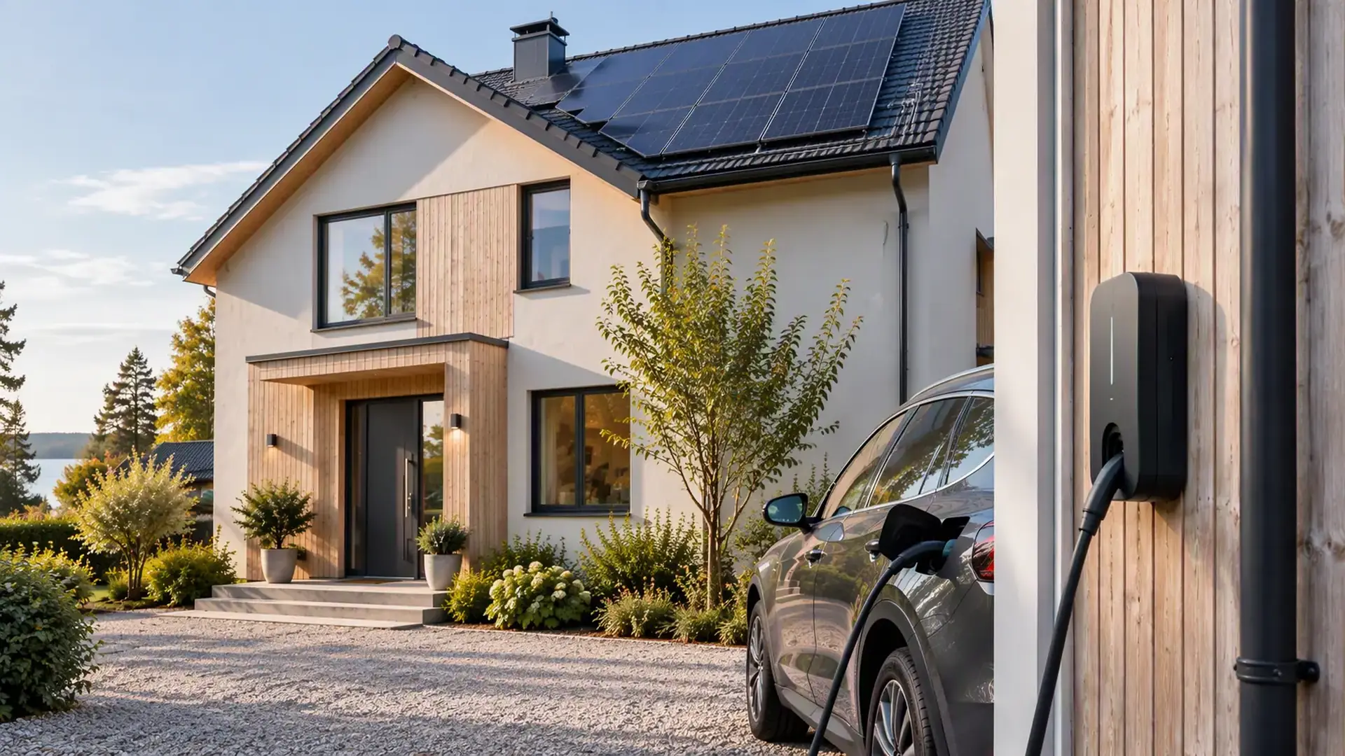 Villa med solceller på det svarta tegeltaket och en elbil som laddas vid väggmonterad laddbox på uppfarten