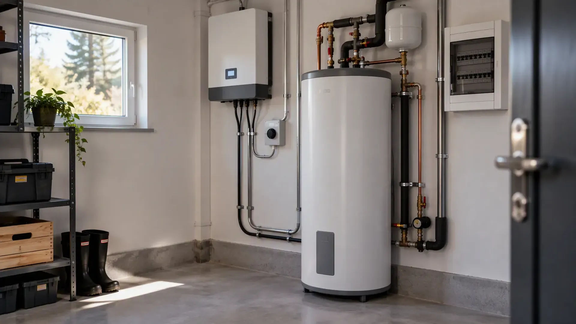 Modern golvstående varmvattenberedare installerad i ett ljust teknikrum med kopparrör, expansionskärl och elcentral